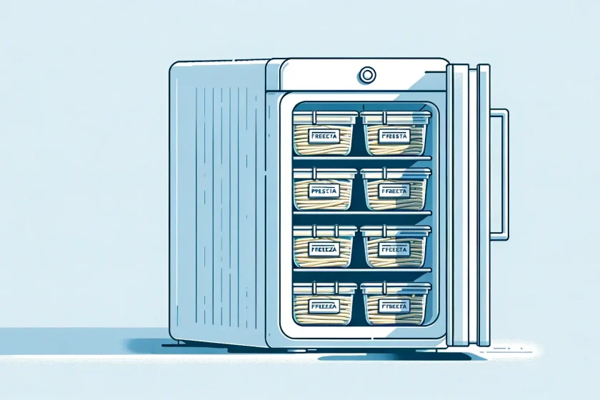 Minimalistyczny i prostokątny wektor graficzny dla artykułu o mrożeniu ugotowanego makaronu, pokazujący zamrażarkę z przezroczystymi drzwiami szklanymi, przez które widać półki z pojemnikami na żywność.