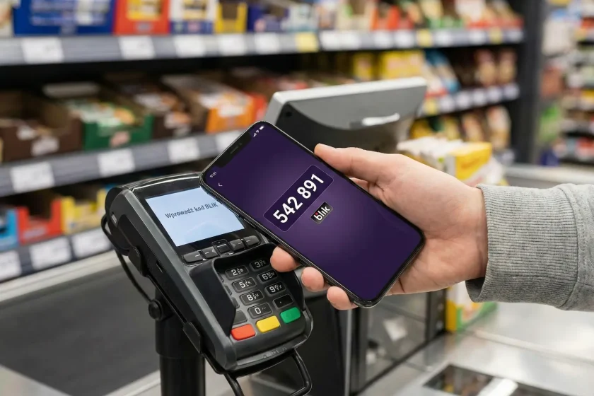 Telefon z wyświetlonym 6-cyfrowym kodem BLIK przygotowany do płatności w sklepie Dino.