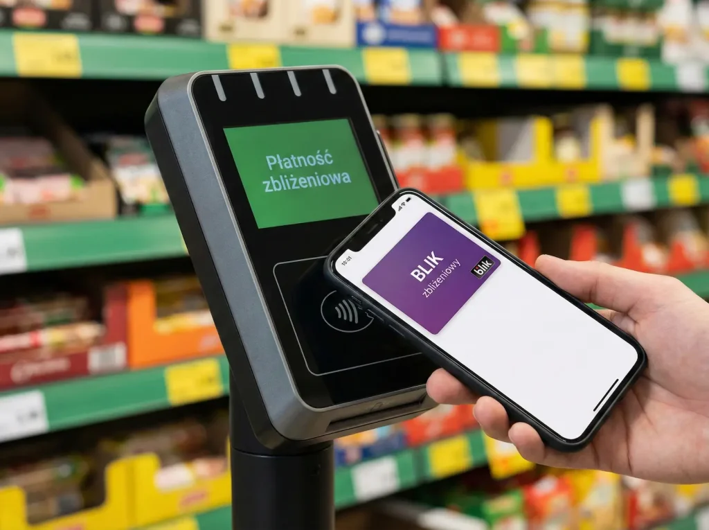 Zbliżeniowa płatność telefonem przy użyciu systemu BLIK w markecie.