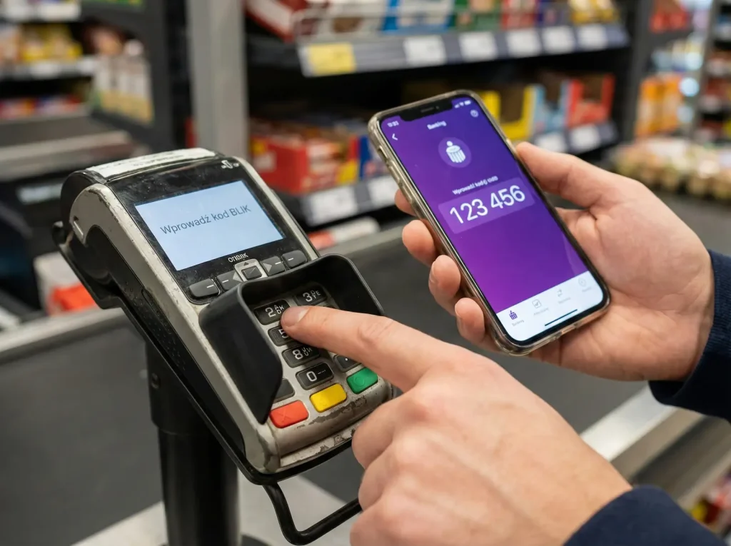 Klient wpisujący kod BLIK na klawiaturze terminala płatniczego w sklepie Dino.