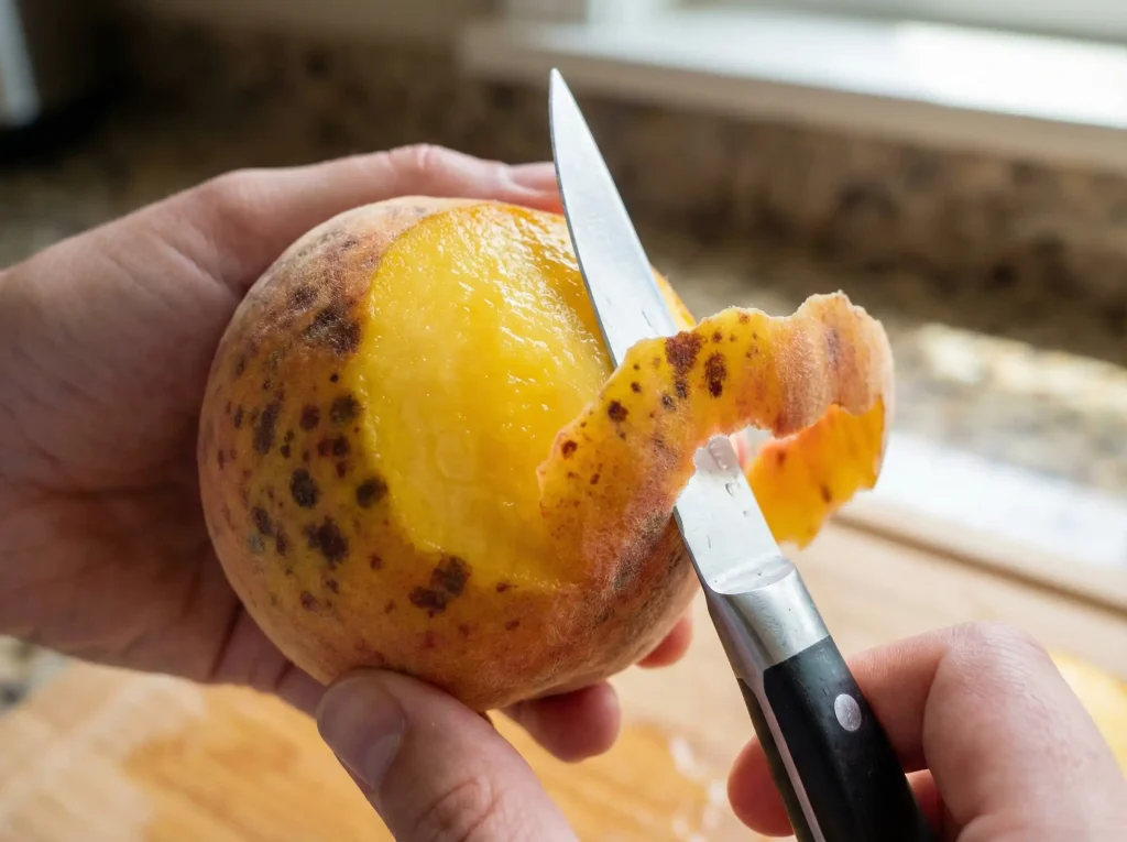 Proces obierania nożem brzoskwini z parchem, pokazujący zdrowy miąższ pod chorą skórką.