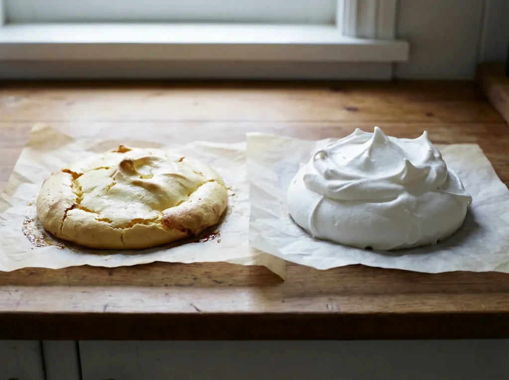 Zestawienie dwóch wypieków na blacie: idealnie białej bezy oraz zżółkniętej bezy po procesie karmelizacji cukru.