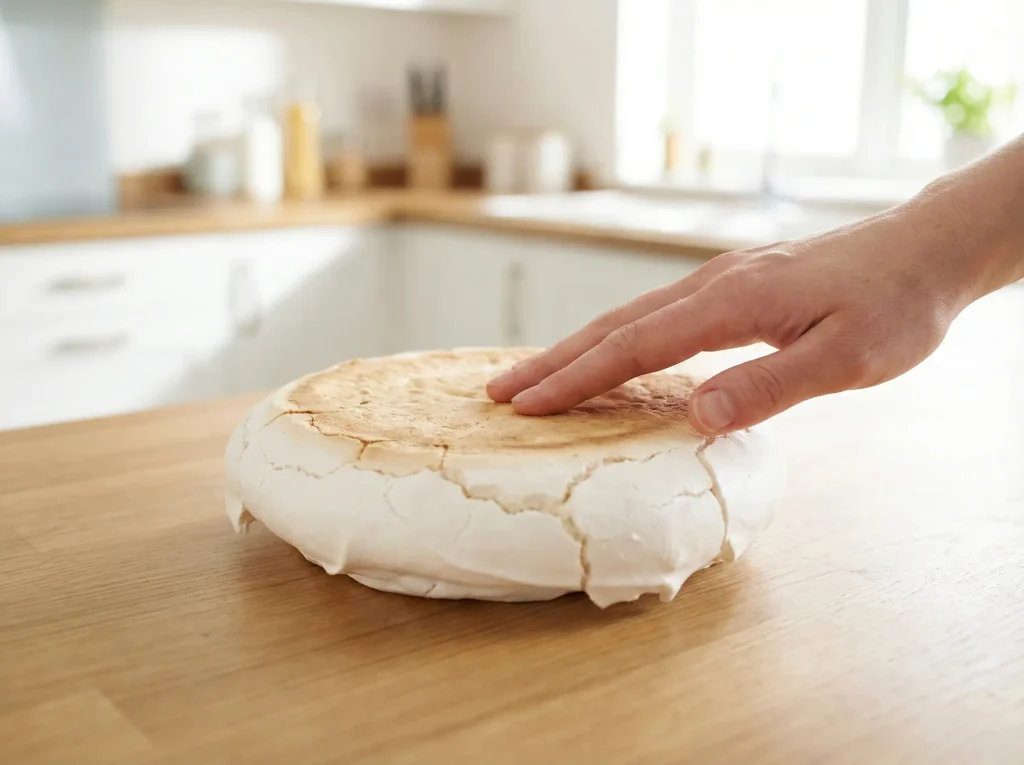 Dłoń delikatnie naciskająca spód suchej bezy w celu sprawdzenia jej chrupkości na drewnianym blacie kuchennym w świetle dziennym.