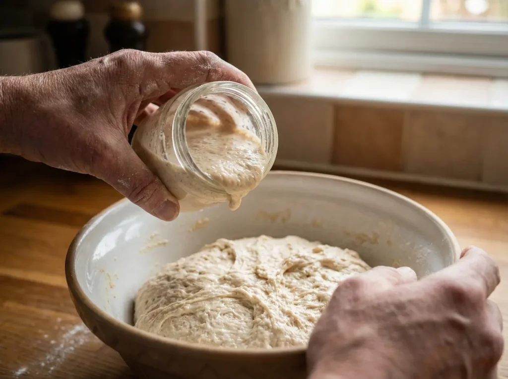 Dodawanie pieniącego się rozczynu drożdżowego do miski z ciastem w celu jego ratowania.