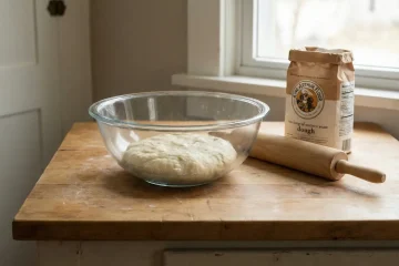 Niewyrośnięte ciasto drożdżowe w szklanej misce na blacie kuchennym.