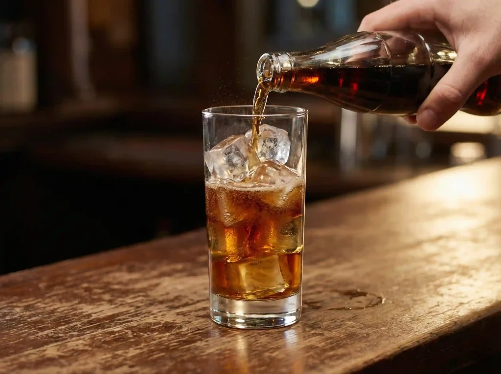 Proces nalewania coli do szklanki z brandy i lodem