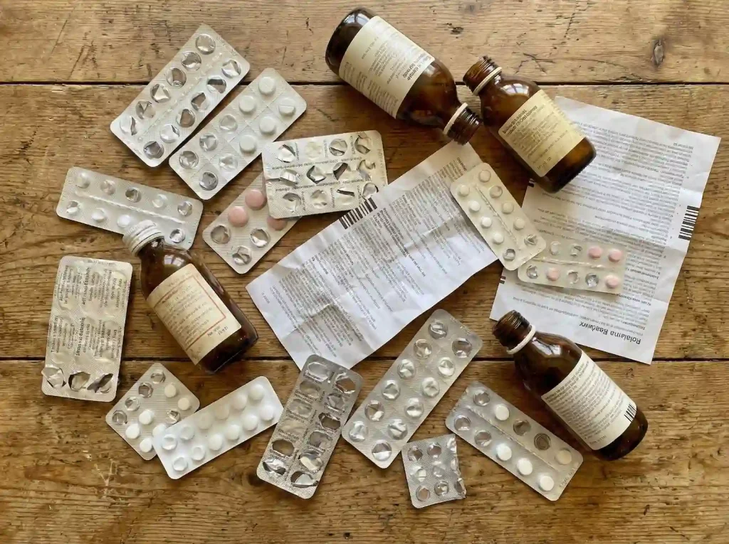 Różne opakowania leków, blistry i butelki przygotowane do segregacji.