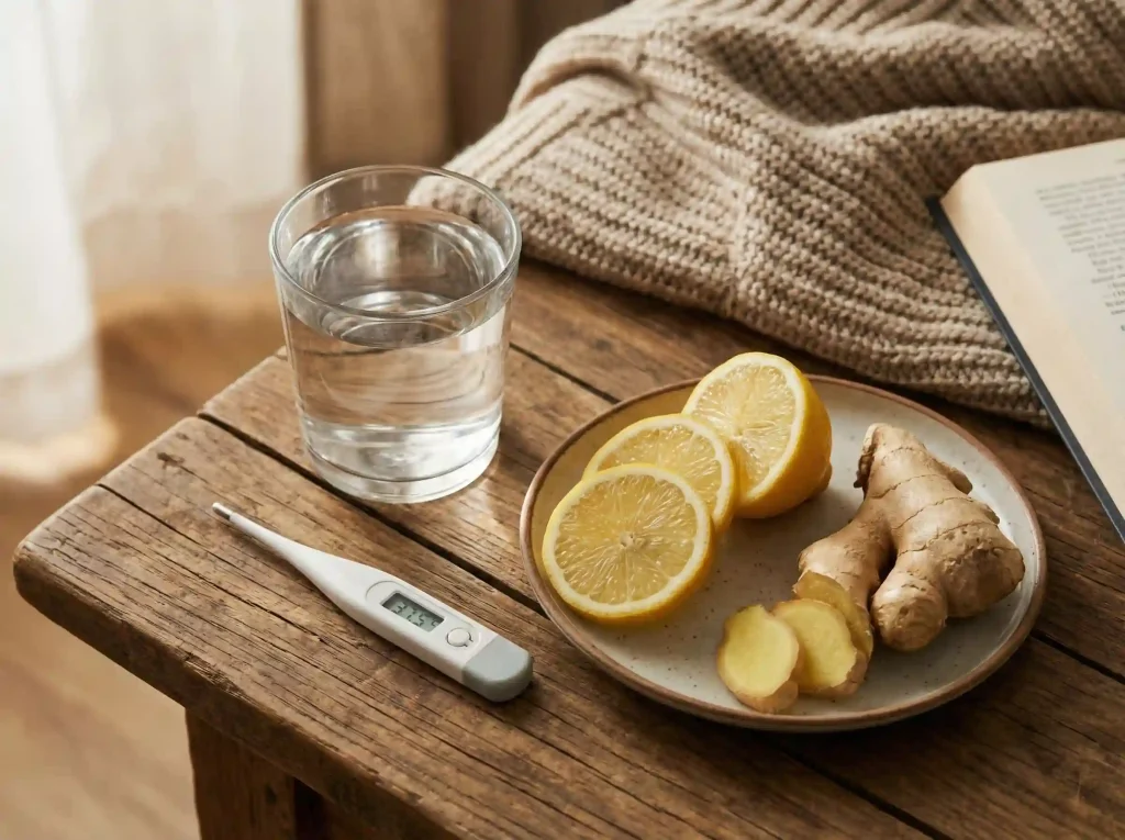 Zestaw do domowego leczenia infekcji zawierający wodę, cytrynę i termometr.