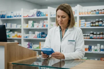 Farmaceuta sprawdzający opakowanie leku przy ladzie aptecznej.