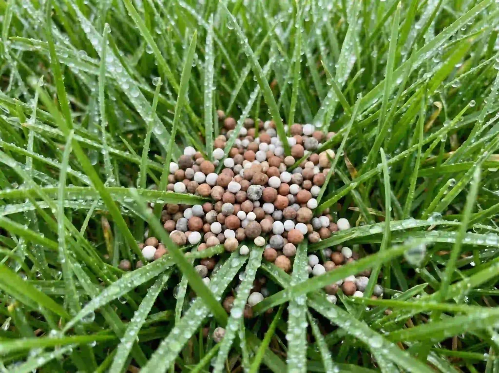 Zbliżenie makro na kolorowe granulki nawozu ogrodowego leżące na źdźbłach trawy pokrytych drobnymi kroplami deszczu.