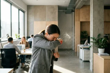 Osoba kaszląca w łokieć w biurze, pokazująca rozprzestrzenianie się infekcji.