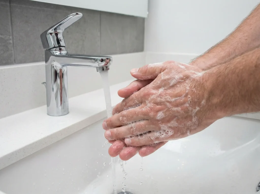 Dokładne mycie rąk mydłem jako kluczowa metoda zapobiegania zapaleniu oskrzeli.