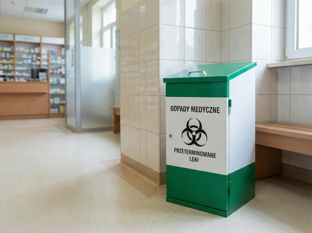 Specjalny pojemnik w aptece na przeterminowane leki i odpady medyczne.