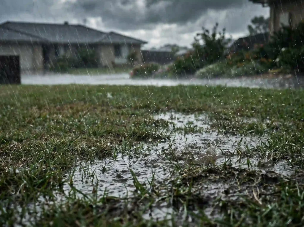 Intensywny opad deszczu na trawniku z widocznymi kałużami i odbiciem burzowego nieba – ostrzeżenie przed nawożeniem w czasie ulewy.